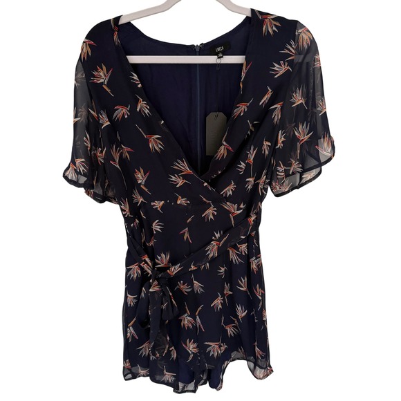 Lucca Couture Pants - NEW Luca Couture Navy Blue Short Sleeve Romper Tropical Sheer Overlay Small NWT